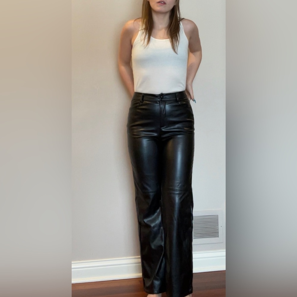 Black Faux Leather High Rise Boot-Cut Zip Pants